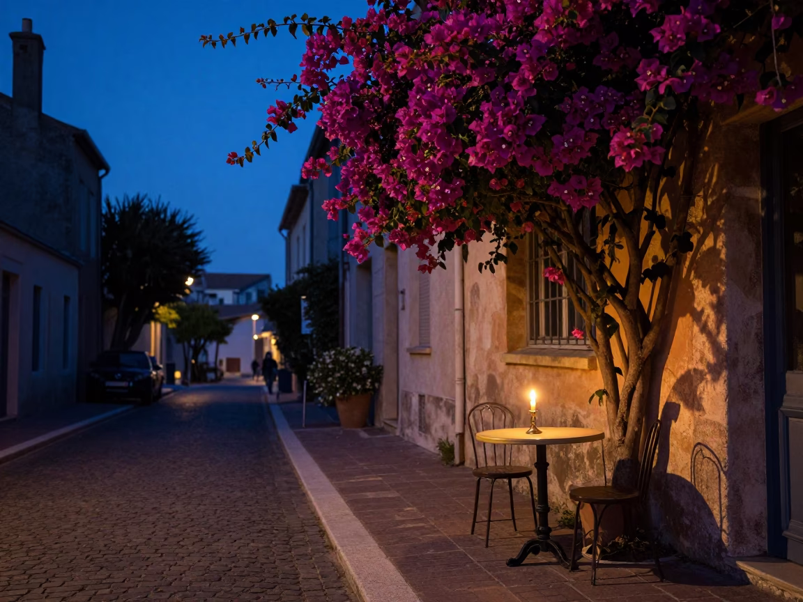 Blue Hour Street Scene in Nice France with Bougainvillea and Candlelight in in Nice, France