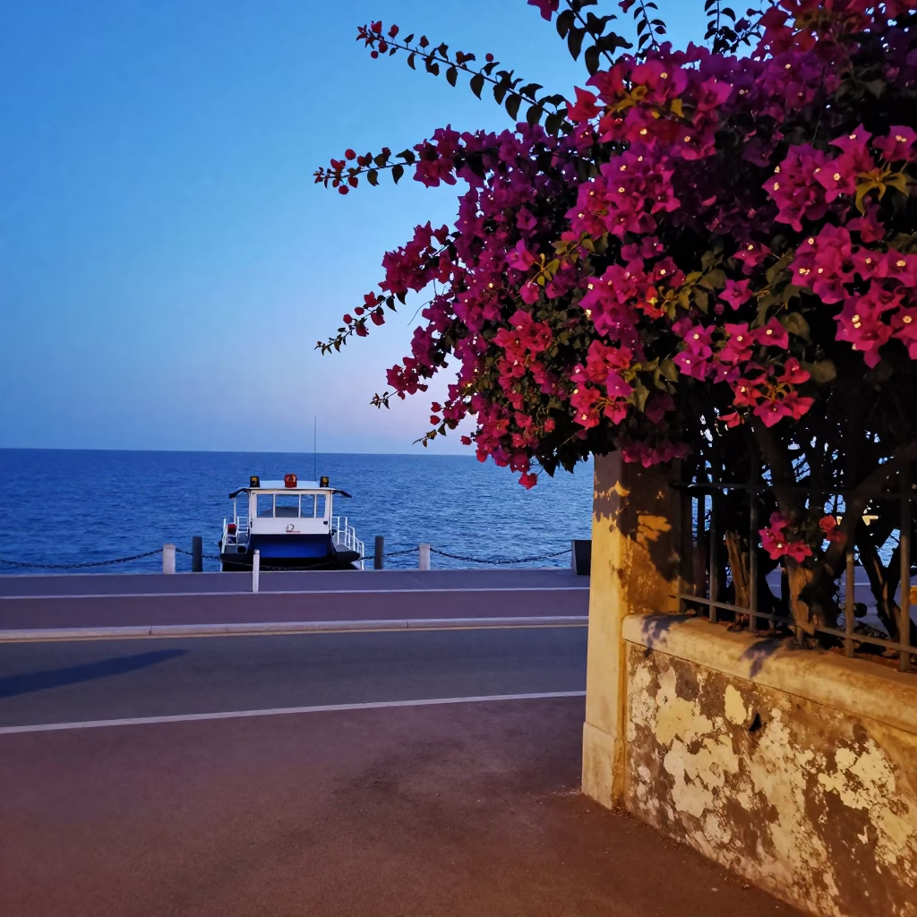 Blue Hour Street Scene in Nice France with Bougainvillea and Chain Ferry in in Nice, France