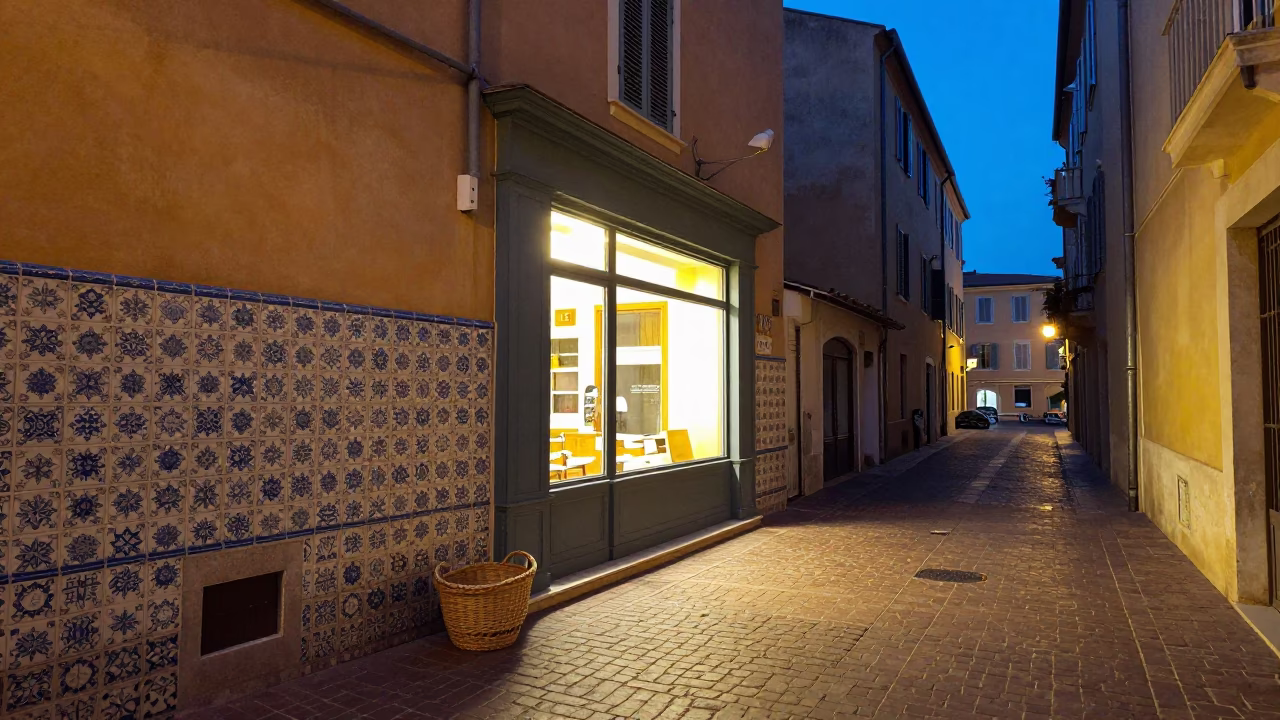 Blue Hour Street Scene in Nice France with Ceramic Tiles and Basket in in Nice, France