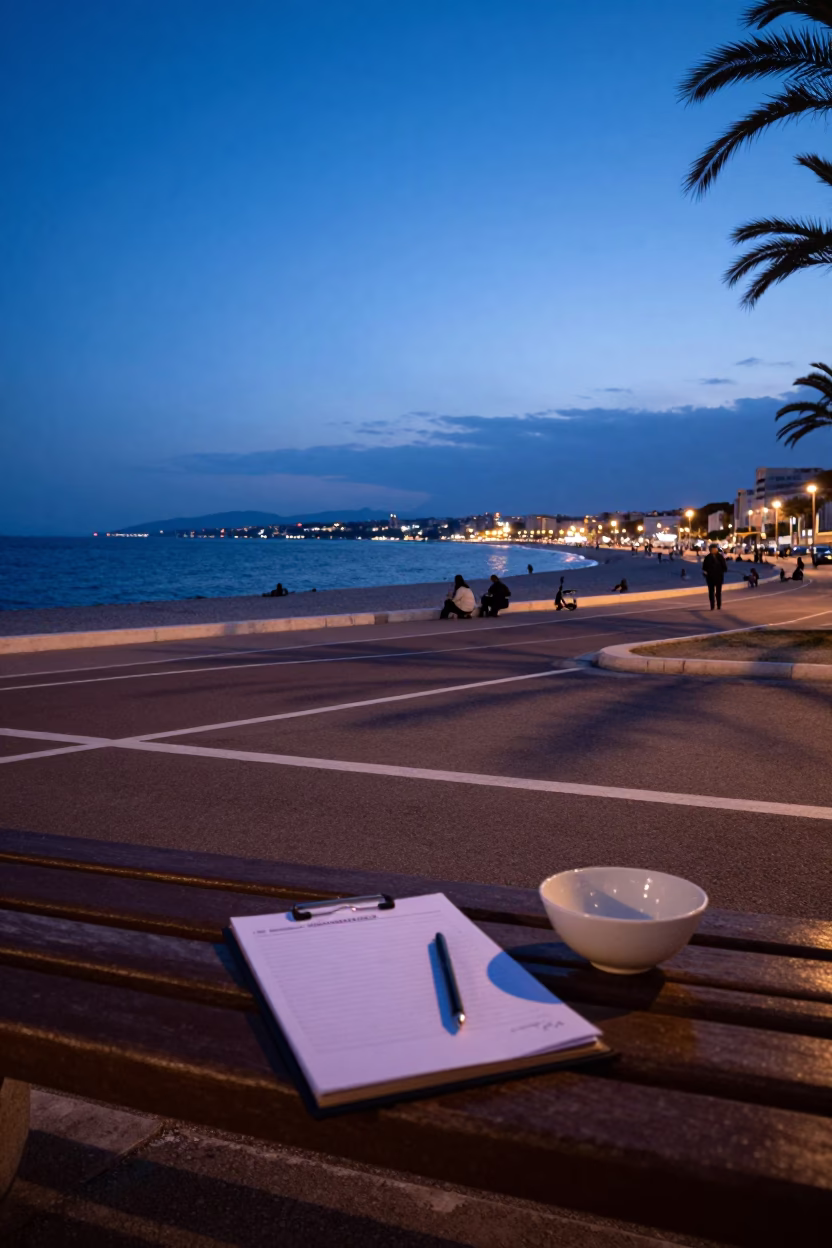 Blue Hour Street Scene in Nice France with Clipboard and Bowl on Bench in in Nice, France