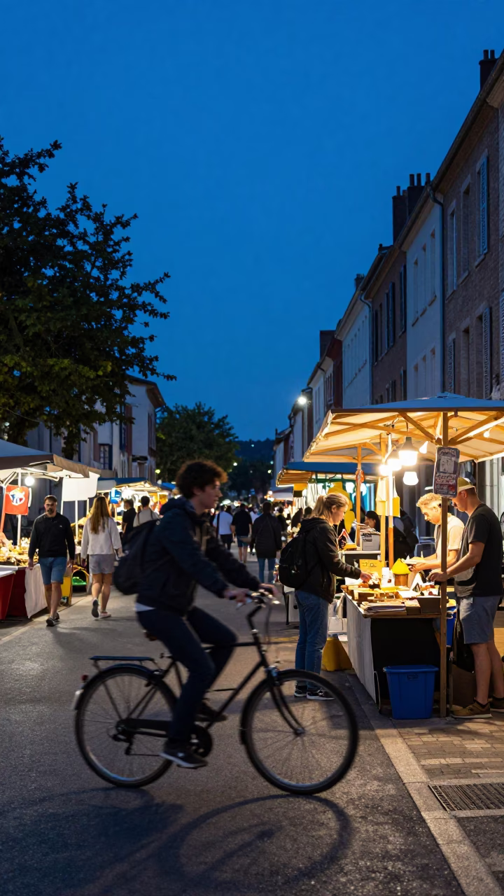 Blue Hour Street Scene in Nice France with Cyclist Passing in in Nice, France