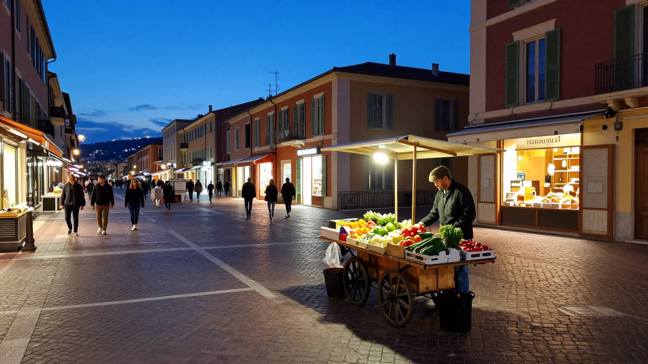 Blue Hour Street Scene in Nice France with Local Vendors and Evening Pedestrians in in Nice, France
