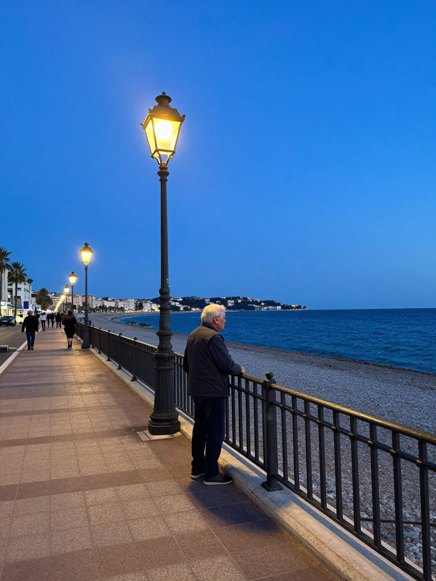 Blue Hour Street Scene in Nice France with Oil Lamp and Urban Life in in Nice, France