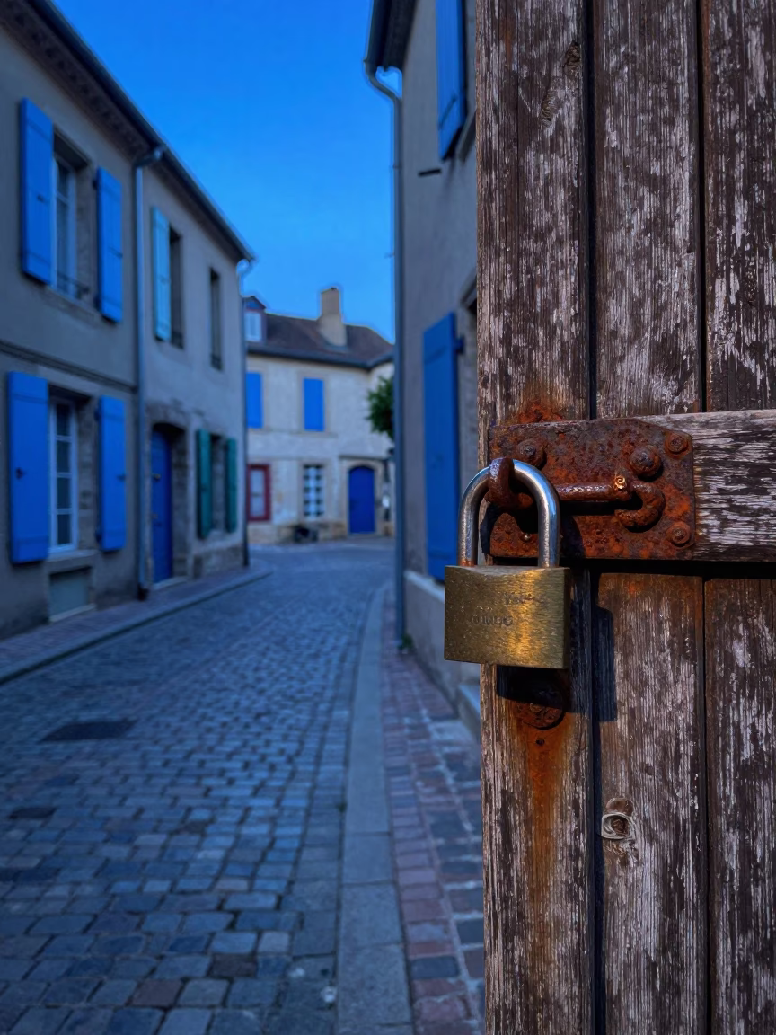 Blue Hour Street Scene in Nice France with Padlock on Rusty Gate in in Nice, France