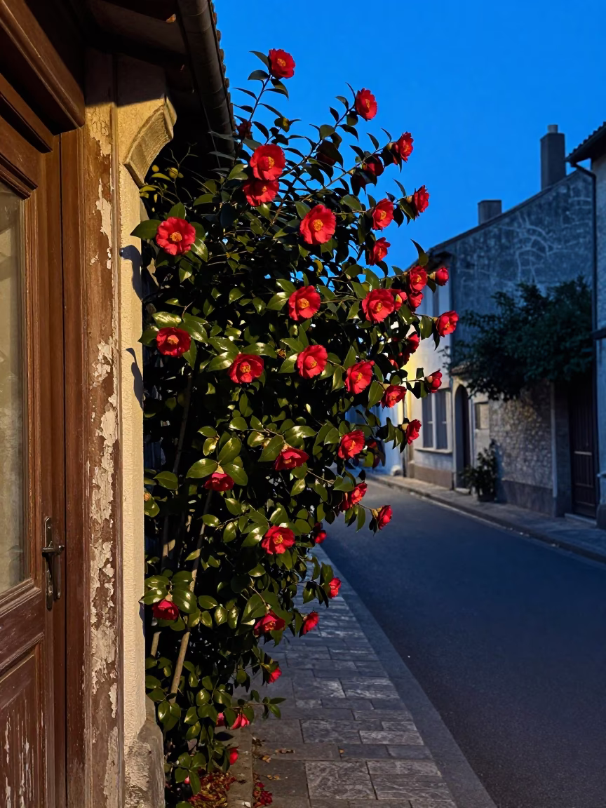 Blue Hour Street Scene in Nice France with Red Camellia and Traditional Doorframe in in Nice, France
