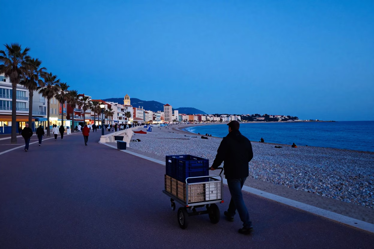 Blue Hour Street Scene in Nice France with Rolling Carts and Coastal Ambiance in in Nice, France