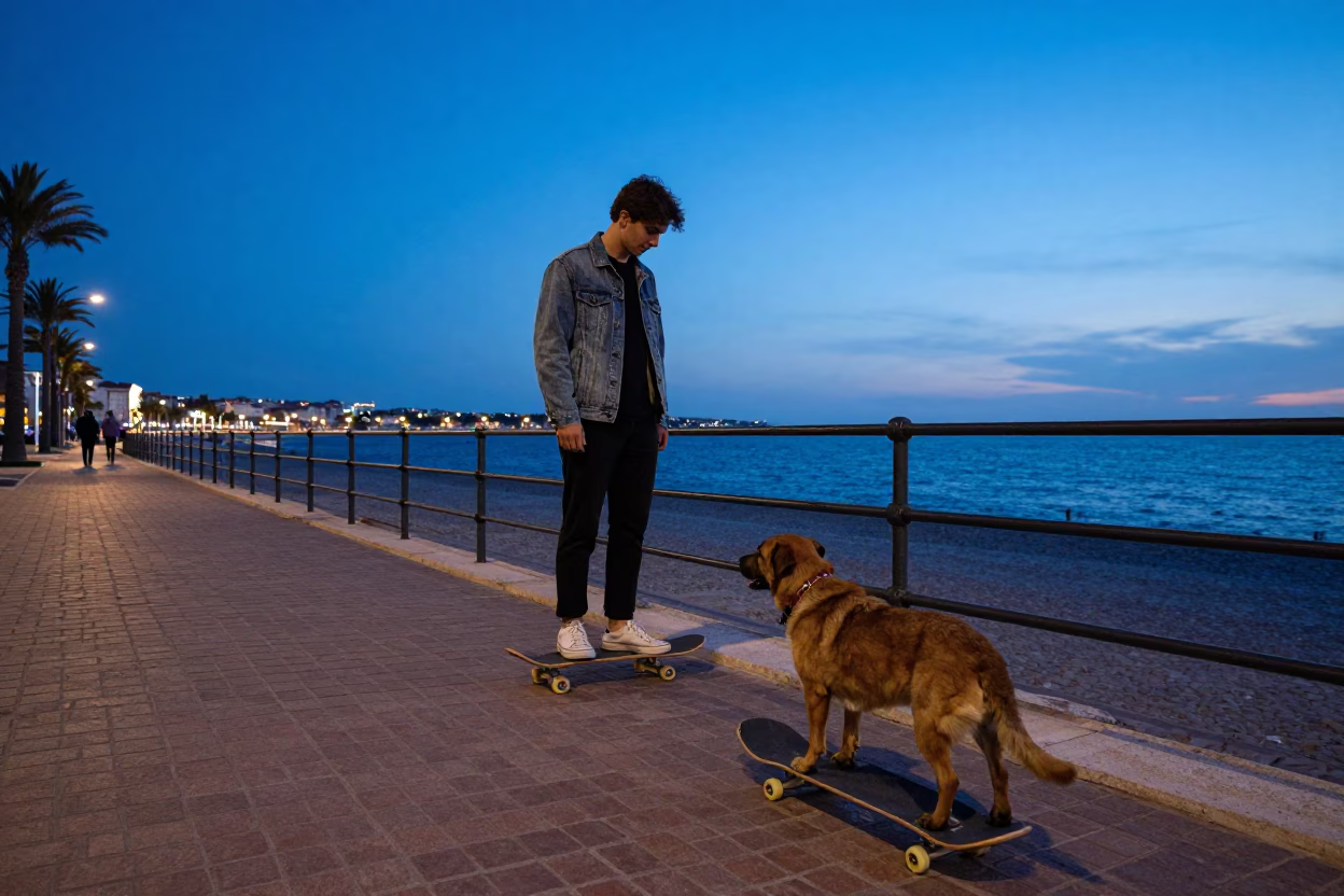 Blue Hour Street Scene in Nice France with Skateboard and Brown Dog in in Nice, France