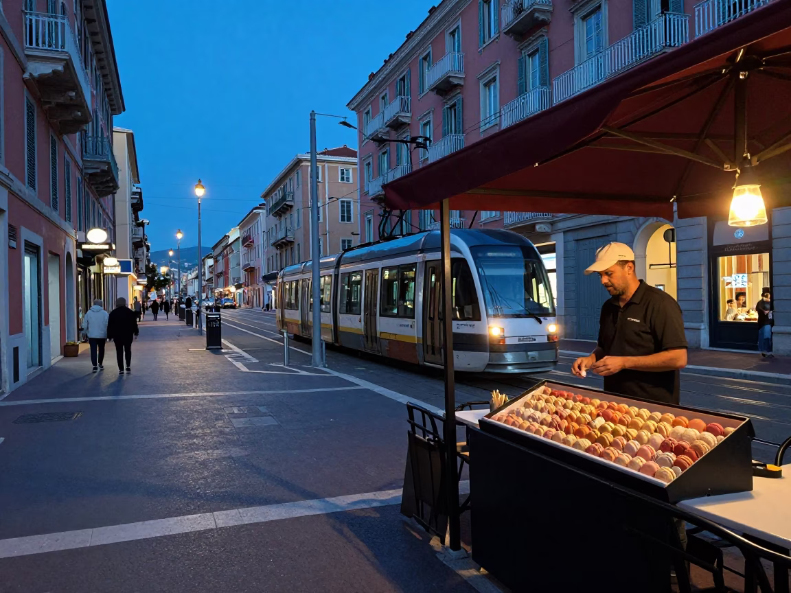 Blue Hour Street Scene in Nice France with Tram and Pastel Macarons in in Nice, France