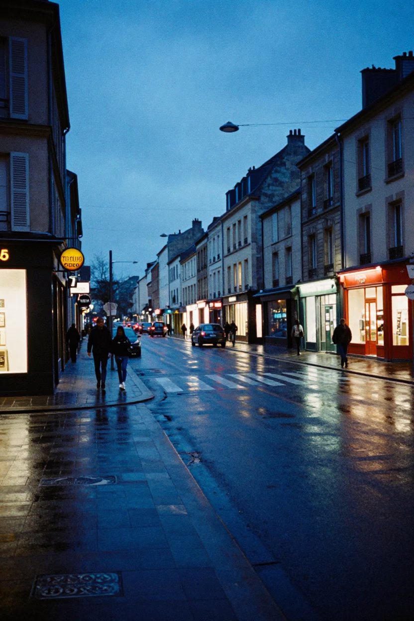 Blue Hour Street Scene in Nice France with Wet Asphalt and Perforated Metal Overpass in in Nice, France