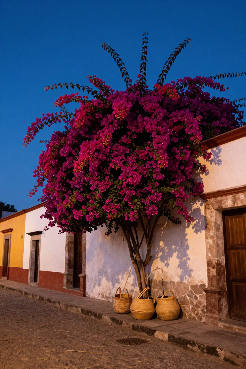 Blue Hour Street Scene in Oaxaca Mexico with Bougainvillea and Woven Baskets in in Oaxaca, Mexico