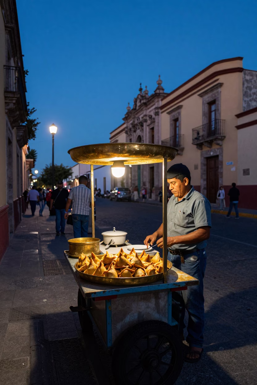 Blue Hour Street Scene in Oaxaca Mexico with Brass Samosa Tray and Stovetop Kettle in in Oaxaca, Mexico