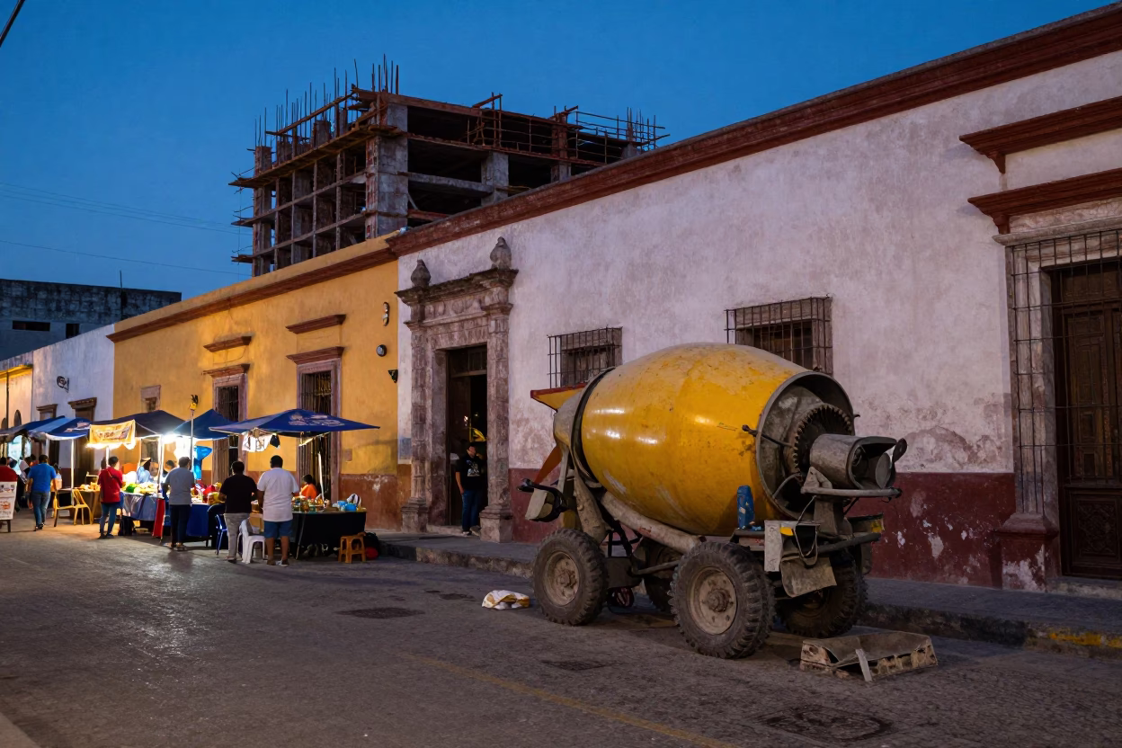 Blue Hour Street Scene in Oaxaca Mexico with Cement Mixer and Local Market Activity in in Oaxaca, Mexico