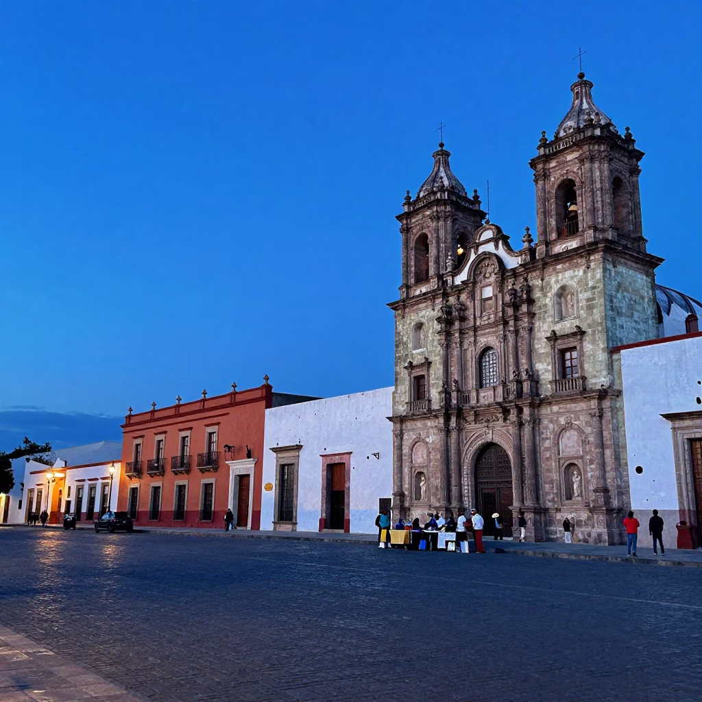 Blue Hour Street Scene in Oaxaca Mexico with Colonial Facades and Local Life in in Oaxaca, Mexico