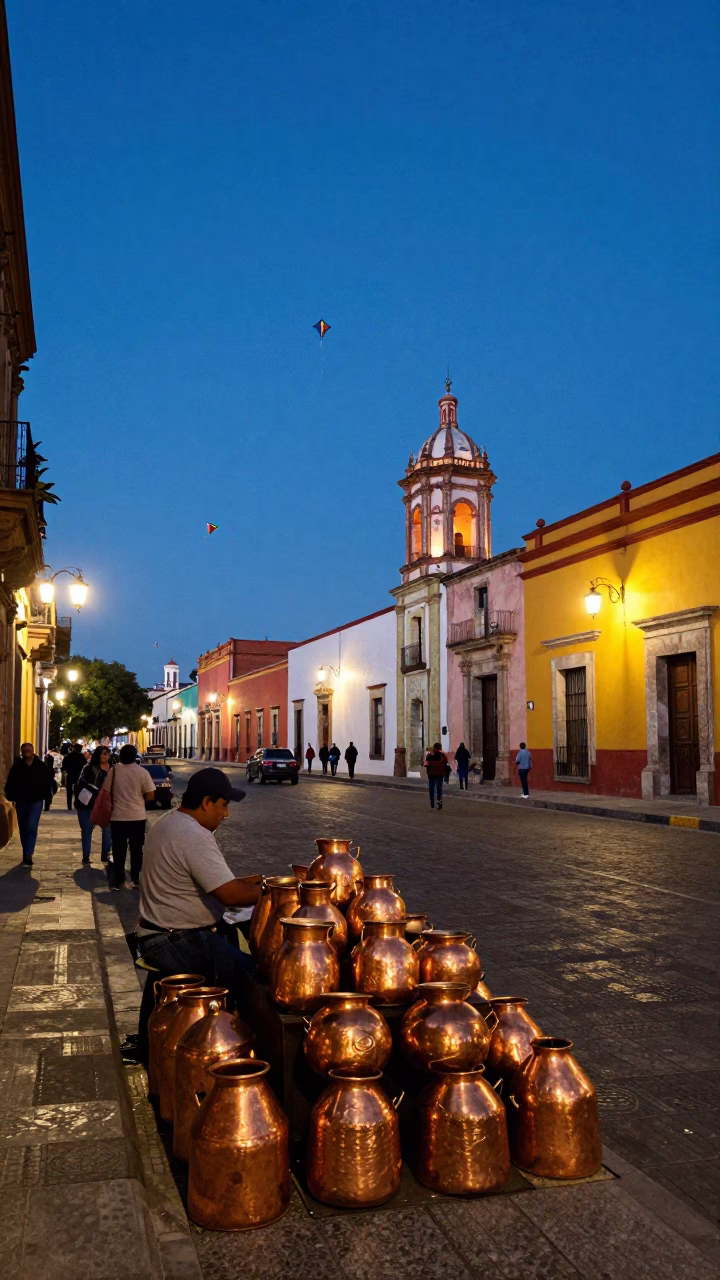 Blue Hour Street Scene in Oaxaca Mexico with Copper Pots and Kites in in Oaxaca, Mexico