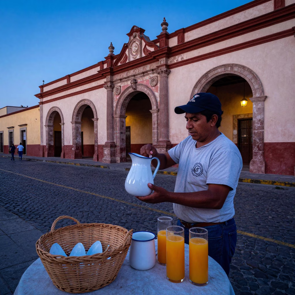 Blue Hour Street Scene in Oaxaca Mexico with Enamel Pitcher and Basket in in Oaxaca, Mexico