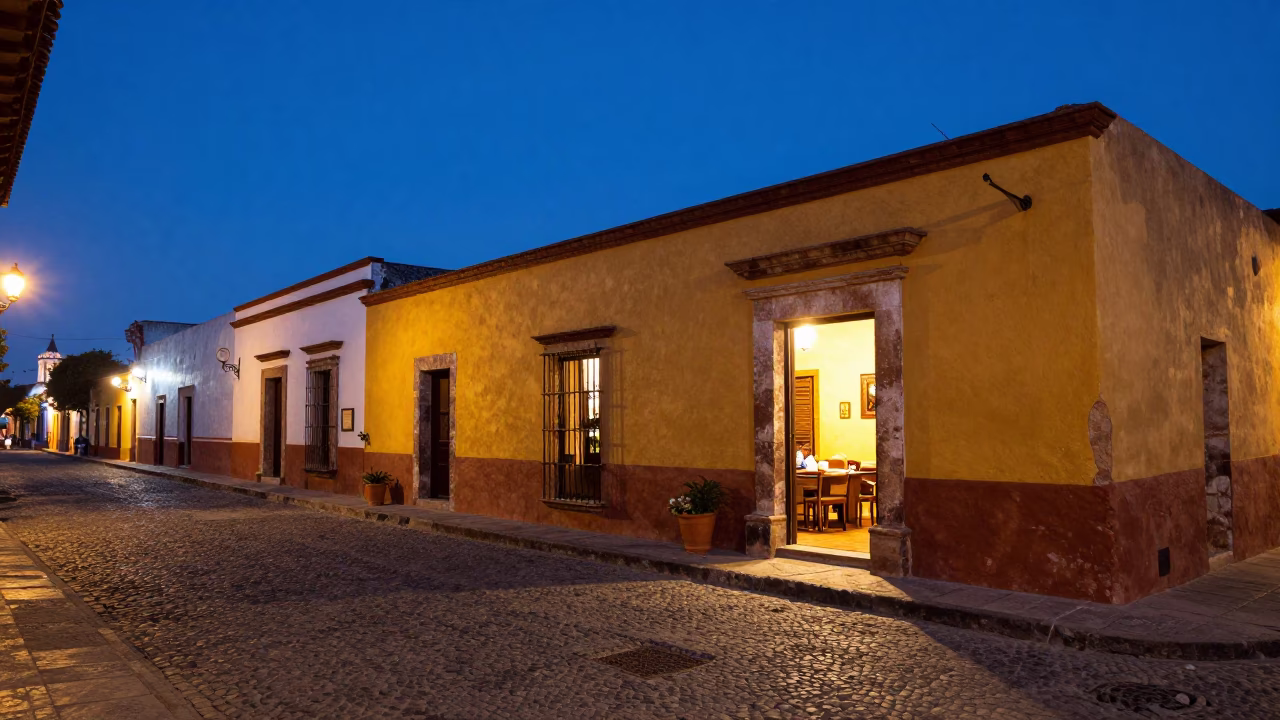 Blue Hour Street Scene in Oaxaca Mexico with Garlic and Ladle in in Oaxaca, Mexico