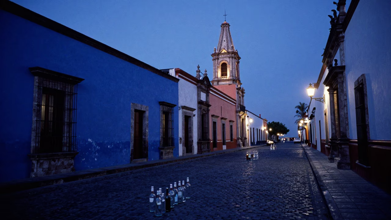 Blue Hour Street Scene in Oaxaca Mexico with Glass Bottles and Evening Light in in Oaxaca, Mexico