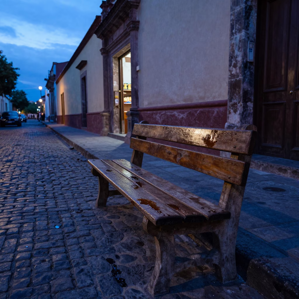 Blue Hour Street Scene in Oaxaca Mexico with Grease Sheen on Wooden Bench in in Oaxaca, Mexico