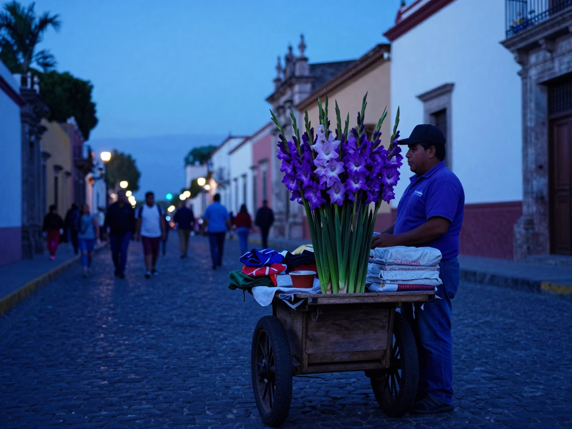 Blue Hour Street Scene in Oaxaca Mexico with Local Vendor and Gladiolus in in Oaxaca, Mexico