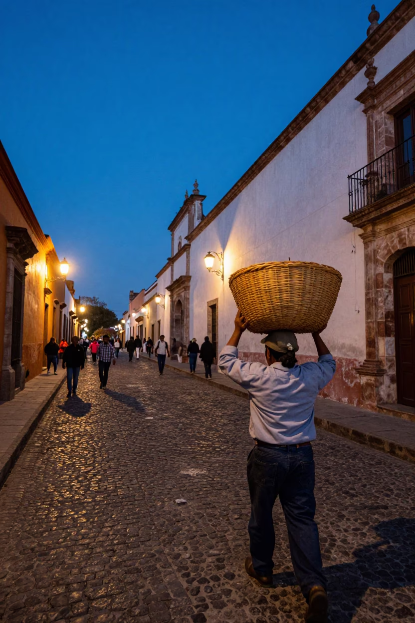 Blue Hour Street Scene in Oaxaca Mexico with Market Porter and Traditional Architecture in in Oaxaca, Mexico