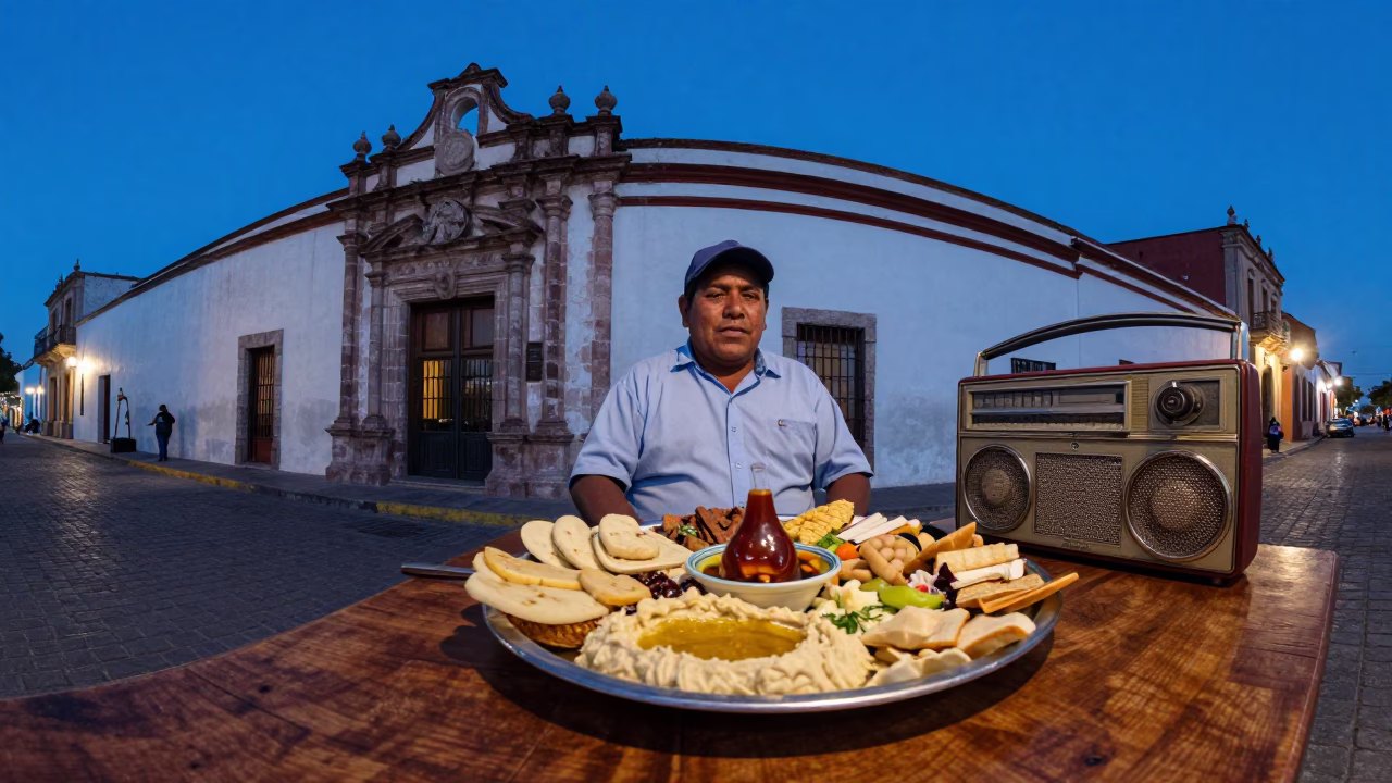 Blue Hour Street Scene in Oaxaca Mexico with Mezze Platter and Vintage Radio in in Oaxaca, Mexico