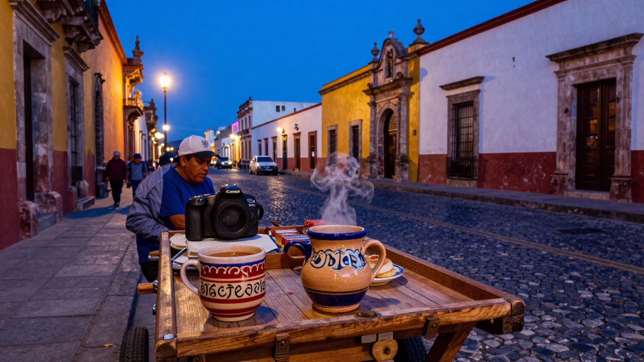 Blue Hour Street Scene in Oaxaca Mexico with Mug and Biscuit Tin in in Oaxaca, Mexico