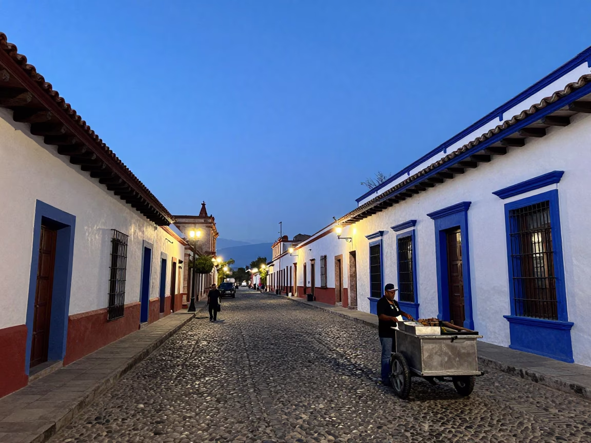Blue Hour Street Scene in Oaxaca Mexico with Rolling Carts and Colonial Architecture in in Oaxaca, Mexico
