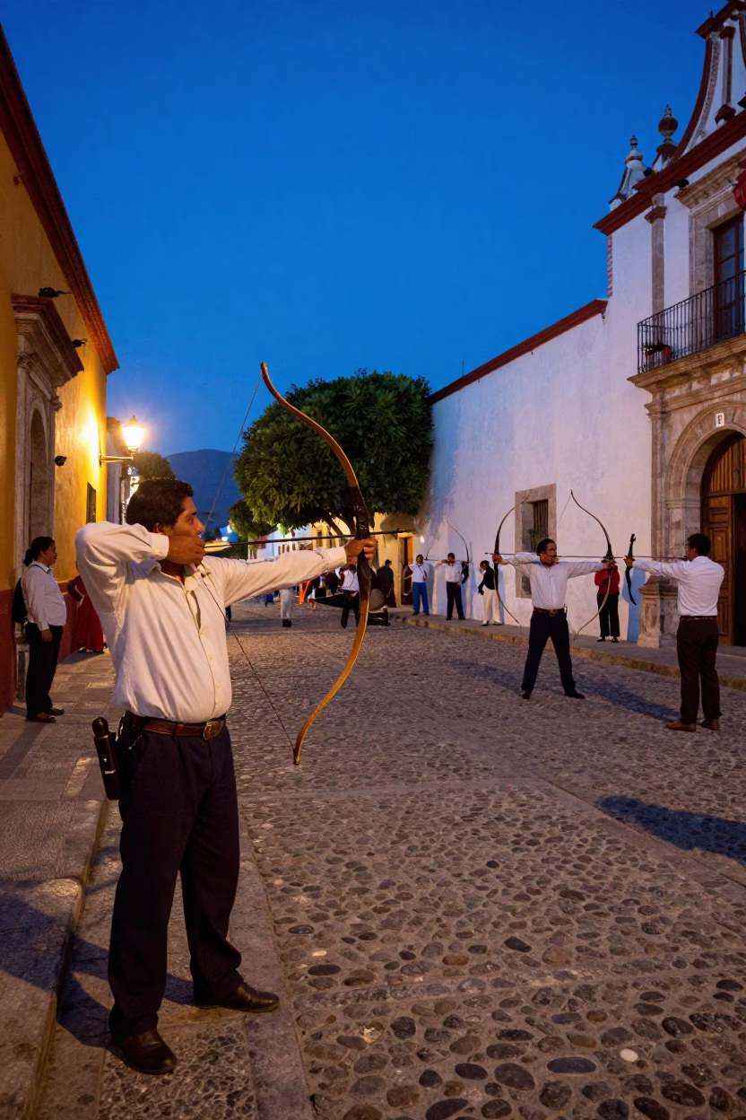 Blue Hour Street Scene in Oaxaca Mexico with Traditional Archery Practice in in Oaxaca, Mexico