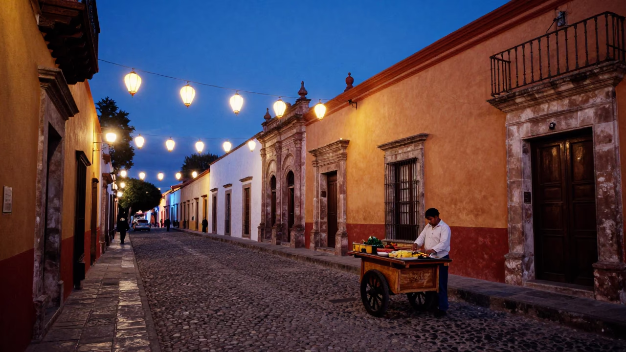 Blue Hour Street Scene in Oaxaca Mexico with Traditional Food and Lanterns in in Oaxaca, Mexico