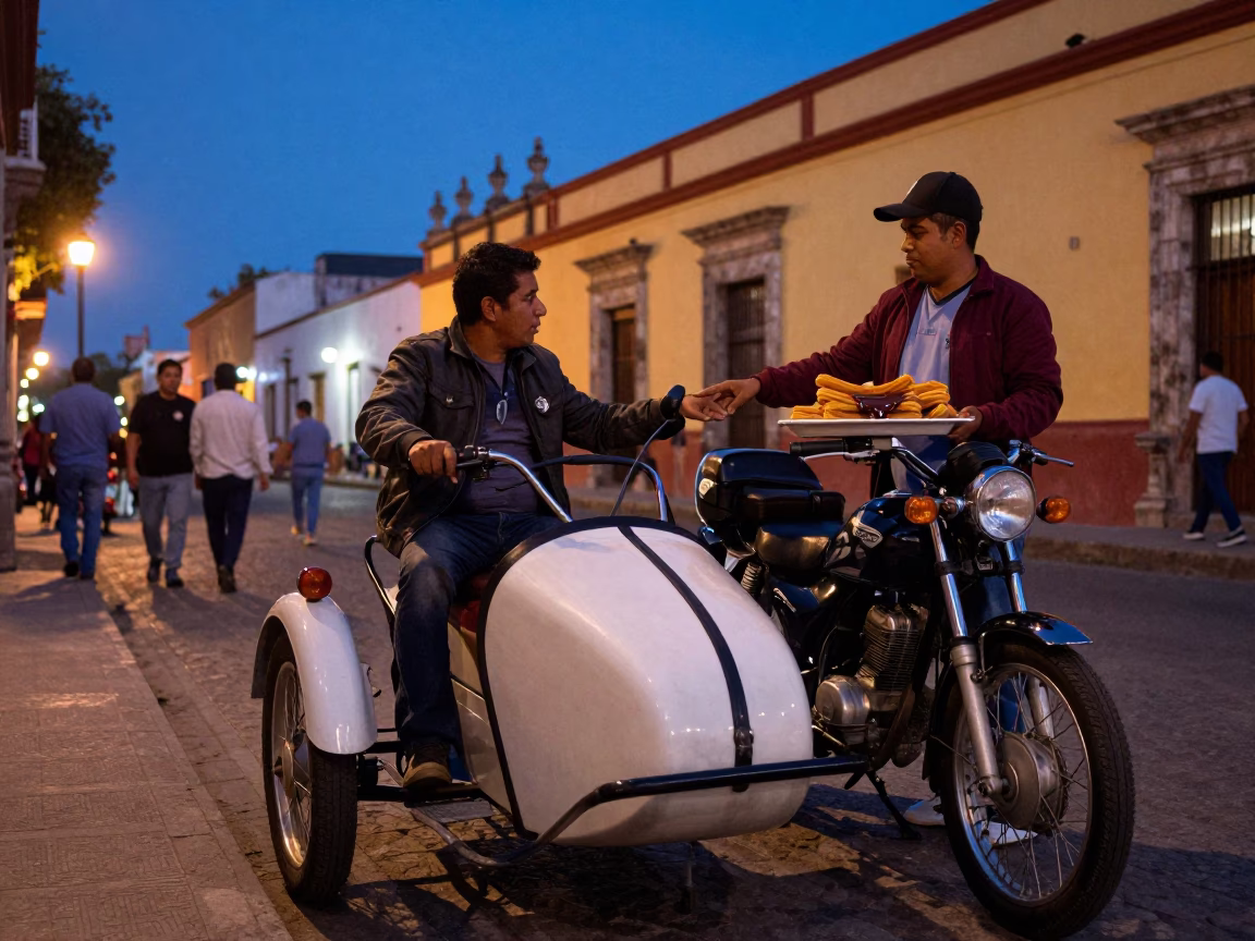 Blue Hour Street Scene in Oaxaca Mexico with Vintage Motorcycle Sidecar and Warm Churros in in Oaxaca, Mexico