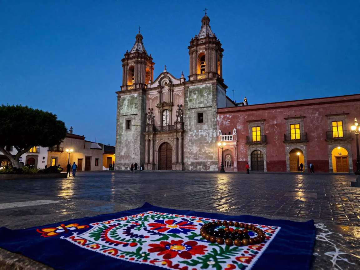 Blue Hour Street Scene in Oaxaca With Embroidery and Prayer Beads in in Oaxaca, Mexico