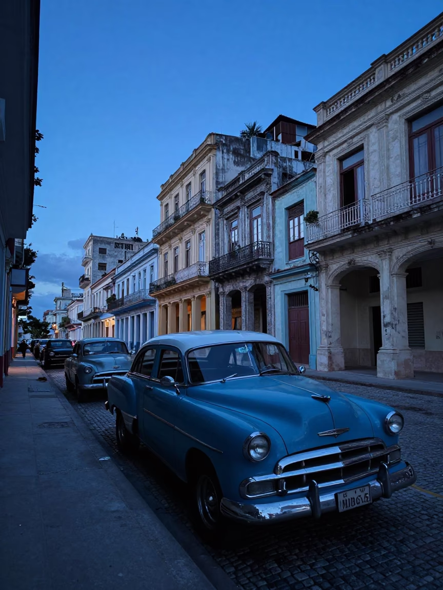 Blue Hour Street Scene in Old Havana Cuba with Vintage Car and Local Life in in Havana, Cuba