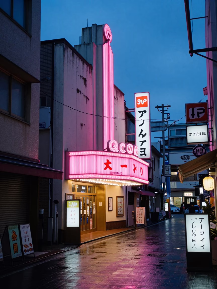 Blue Hour Street Scene in Osaka Japan with Cinema Facade and Urban Details in in Osaka, Japan