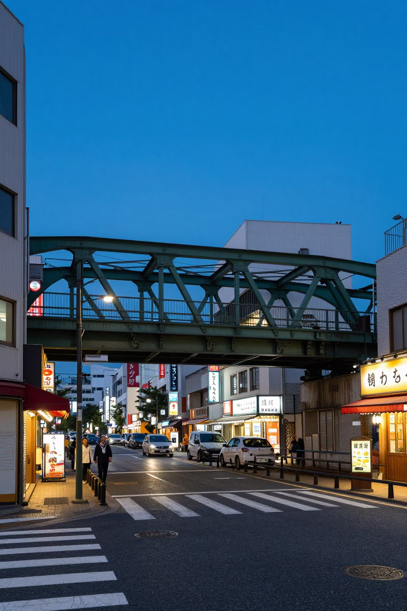 Blue Hour Street Scene in Osaka Japan with Railway Viaduct and Latch in in Osaka, Japan