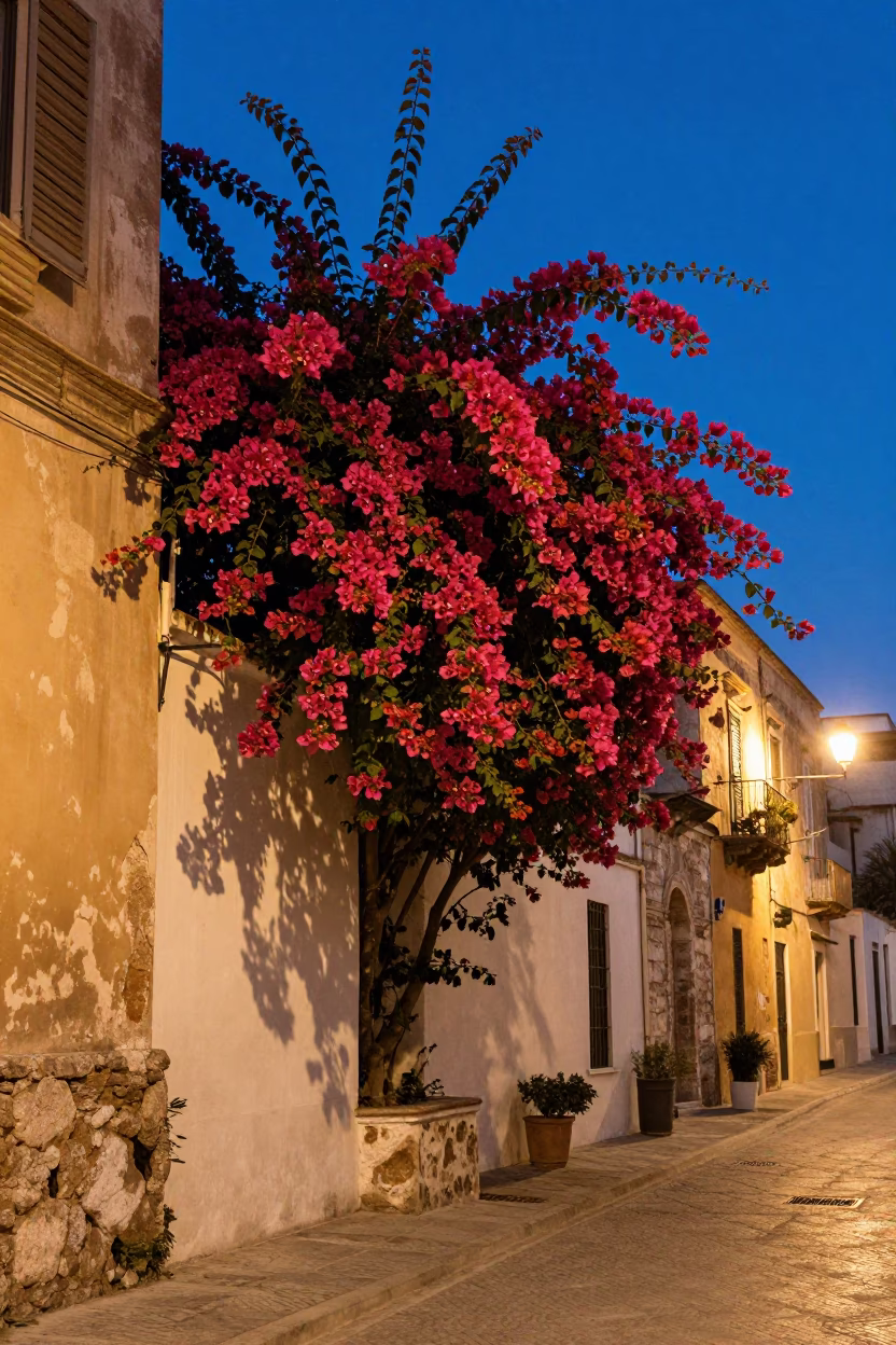 Blue Hour Street Scene in Palermo Italy with Bougainvillea and Lantern Light in in Palermo, Italy