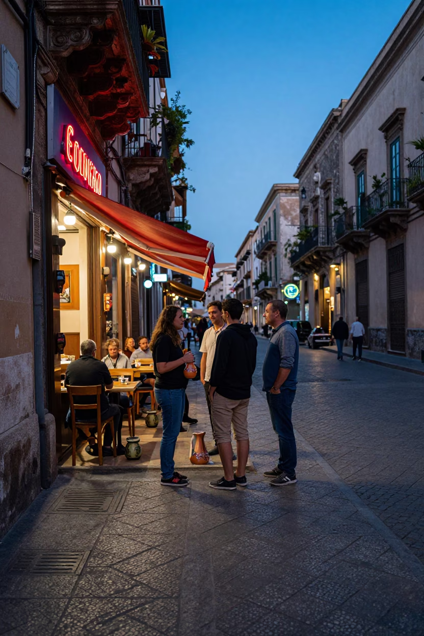 Blue Hour Street Scene in Palermo Italy with Ceramic Pitcher and Local Interaction in in Palermo, Italy