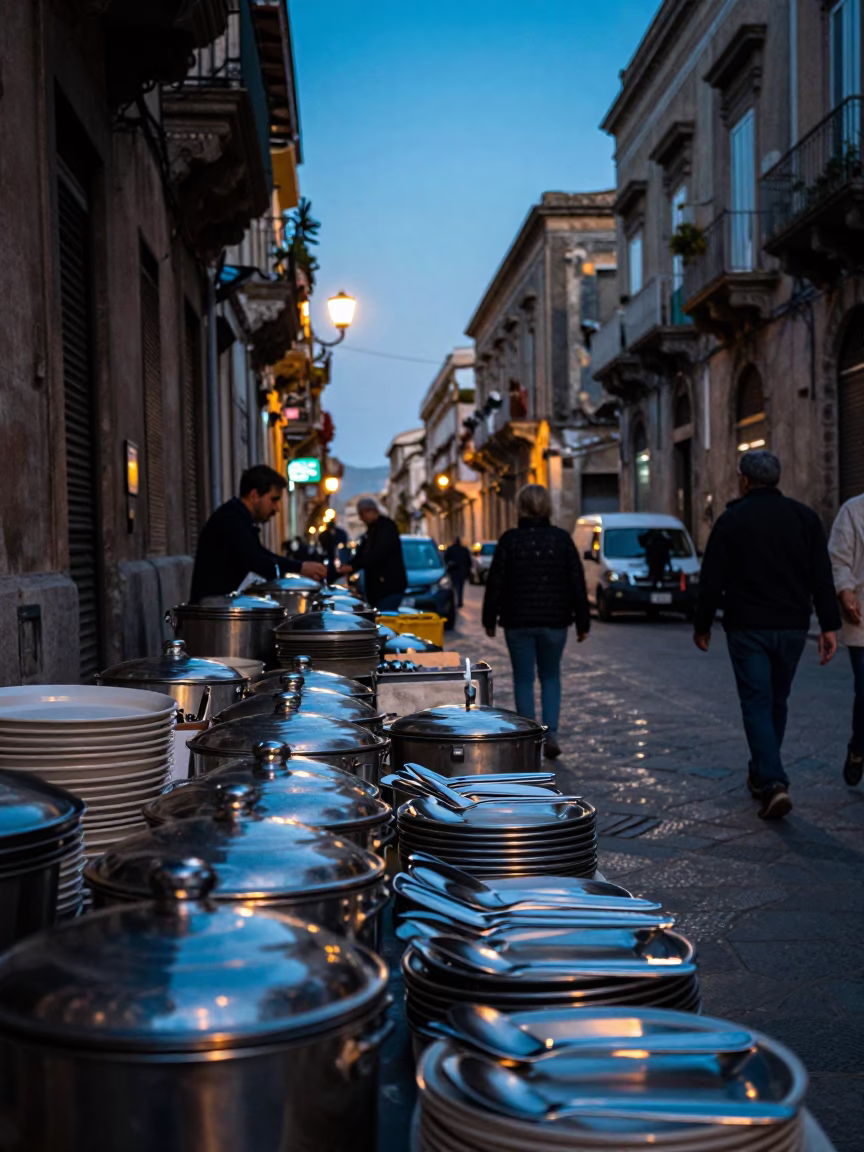 Blue Hour Street Scene in Palermo Italy with Cutlery and Pot Lid in in Palermo, Italy