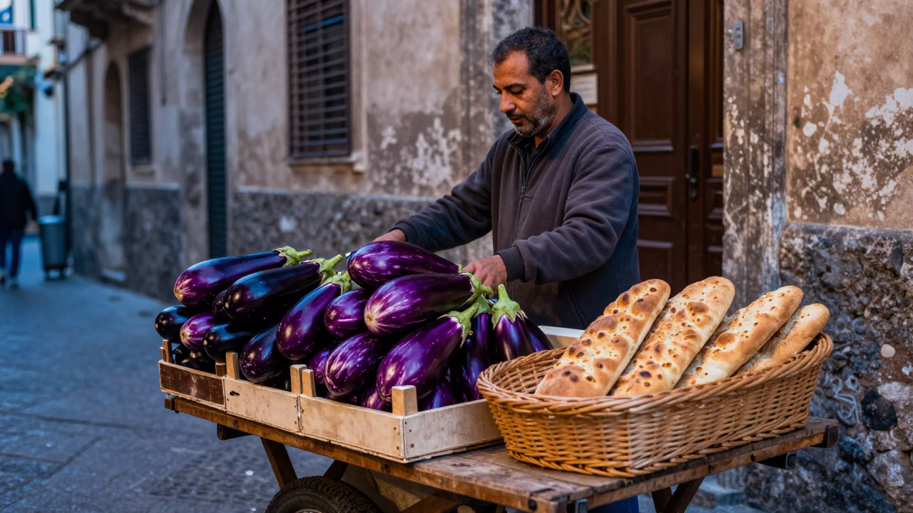 Blue Hour Street Scene in Palermo Italy with Eggplants and Bread Basket in in Palermo, Italy