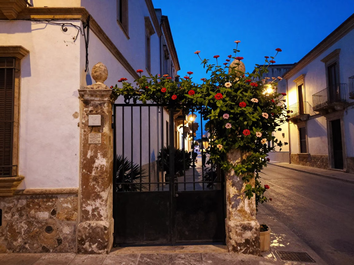 Blue Hour Street Scene in Palermo Italy with Garden Gate and Zinnias in in Palermo, Italy