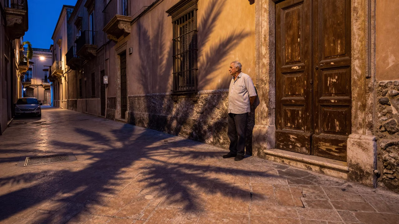 Blue Hour Street Scene in Palermo Italy with Leaf Shadows on Tile in in Palermo, Italy