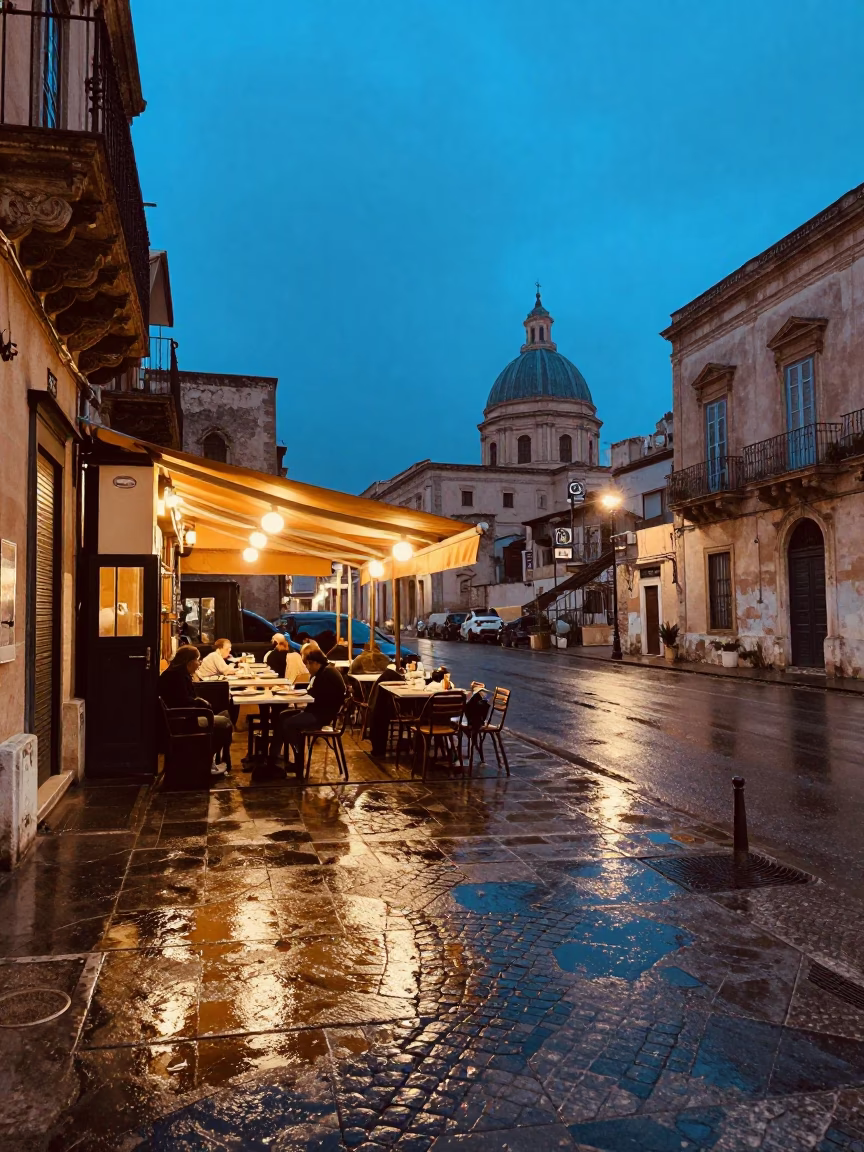 Blue Hour Street Scene in Palermo Italy with Local Diner and Rain in in Palermo, Italy