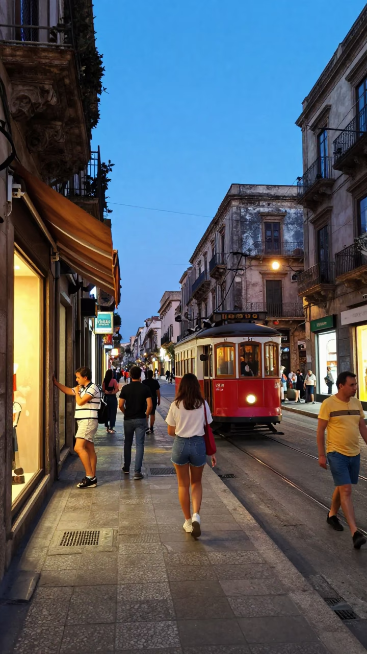 Blue Hour Street Scene in Palermo Italy with Old Trolley and Lively Evening Activity in in Palermo, Italy