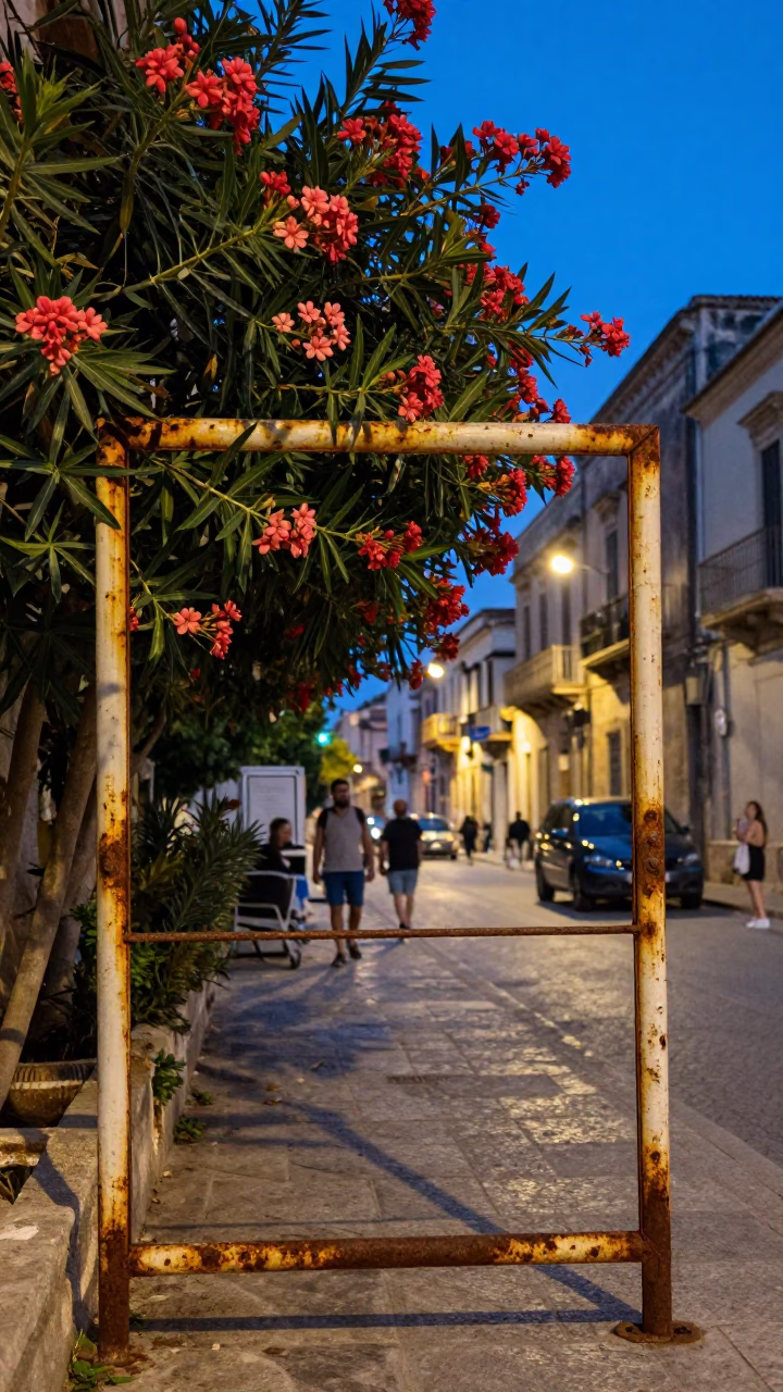Blue Hour Street Scene in Palermo Italy with Rusty Metal Frame and Oleander Hedge in in Palermo, Italy