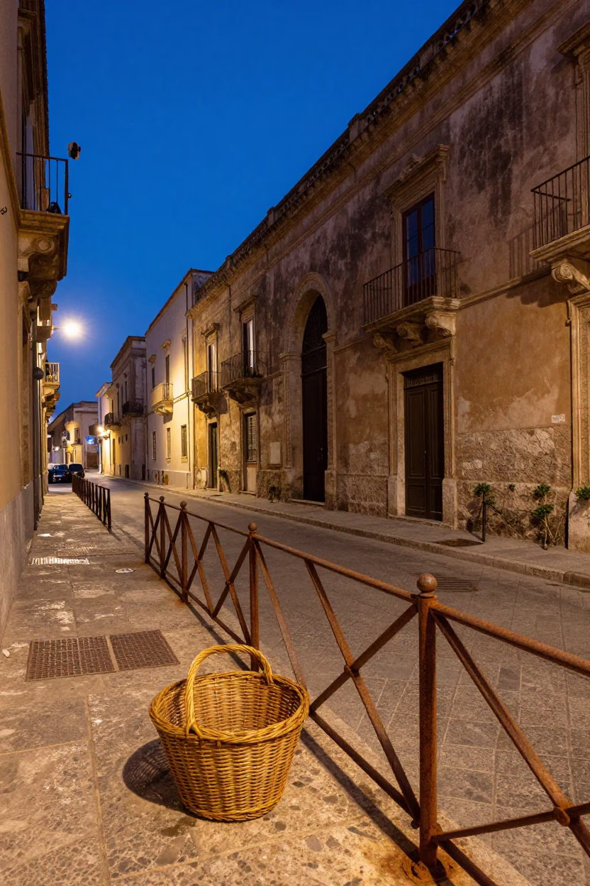 Blue Hour Street Scene in Palermo Italy with Rusty Rail and Basket in in Palermo, Italy