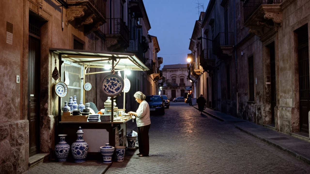 Blue Hour Street Scene in Palermo Italy with Traditional Porcelain and Urban Details in in Palermo, Italy
