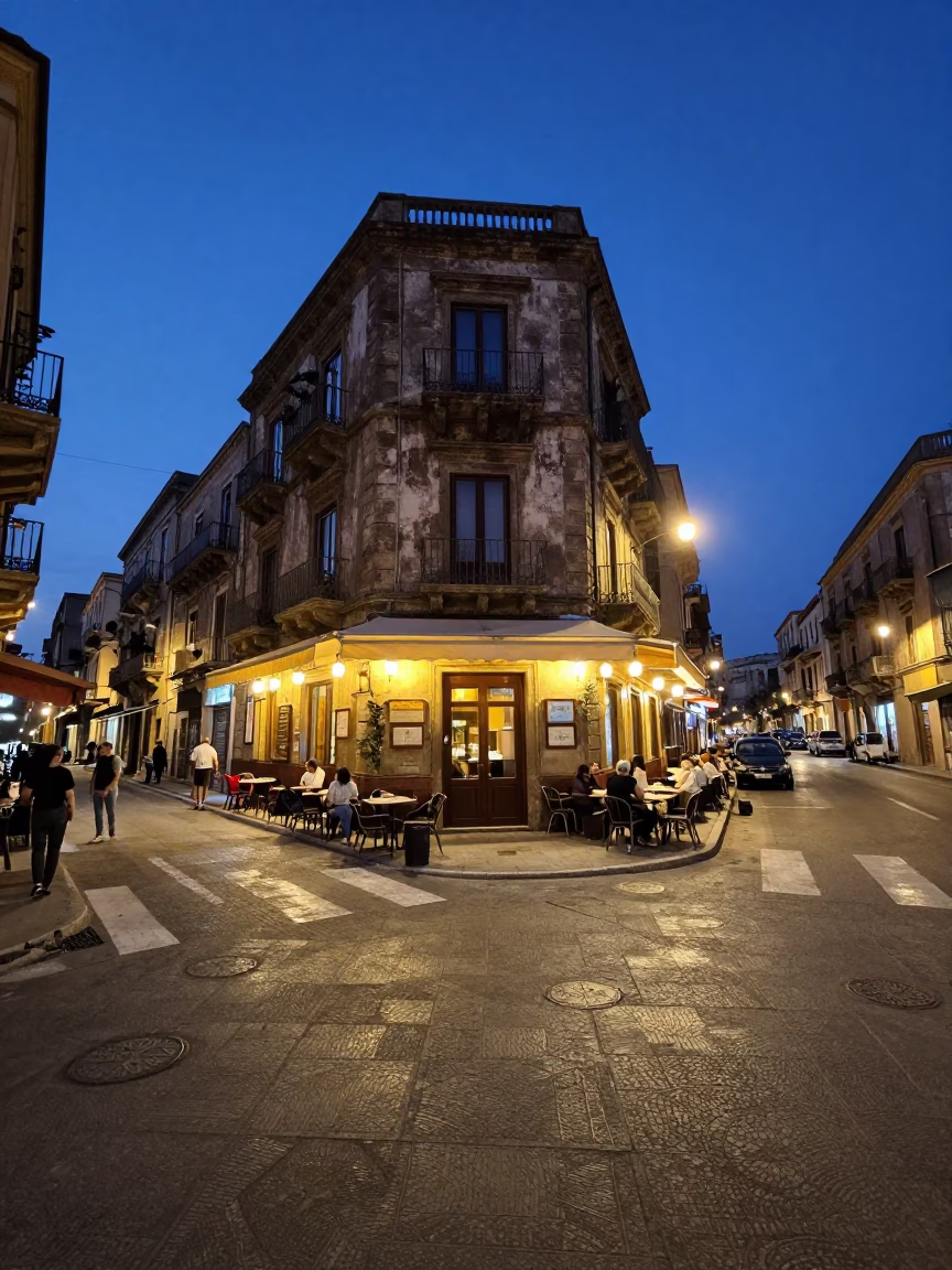 Blue Hour Street Scene in Palermo Italy with Vintage 1950s Atmosphere and Local Life in in Palermo, Italy