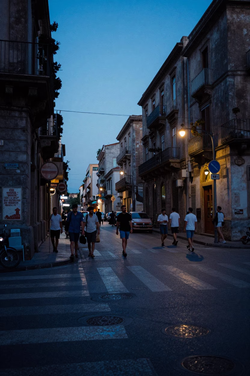 Blue Hour Street Scene in Palermo Italy with Vintage 1980s Aesthetic and Urban Details in in Palermo, Italy