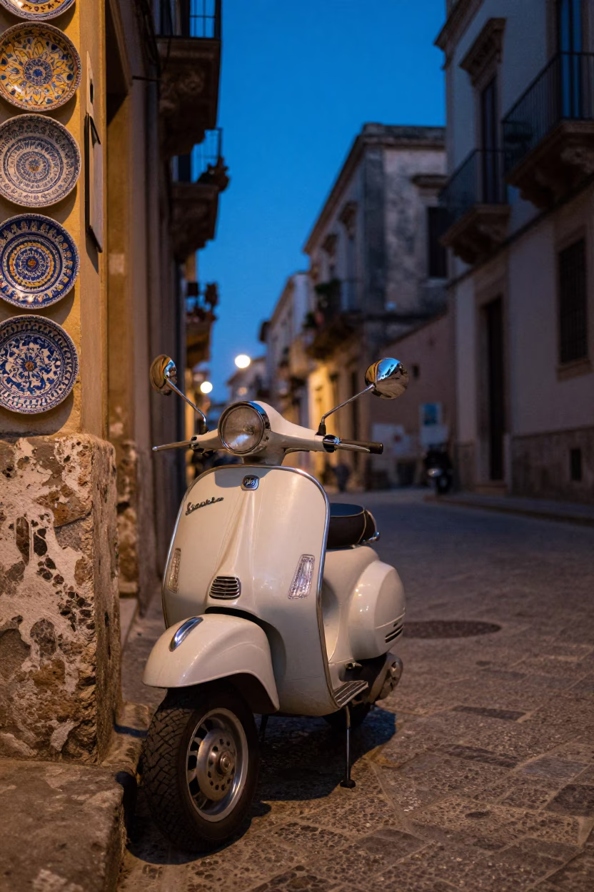 Blue Hour Street Scene in Palermo Italy with Vintage Vespa and Majolica Plates in in Palermo, Italy