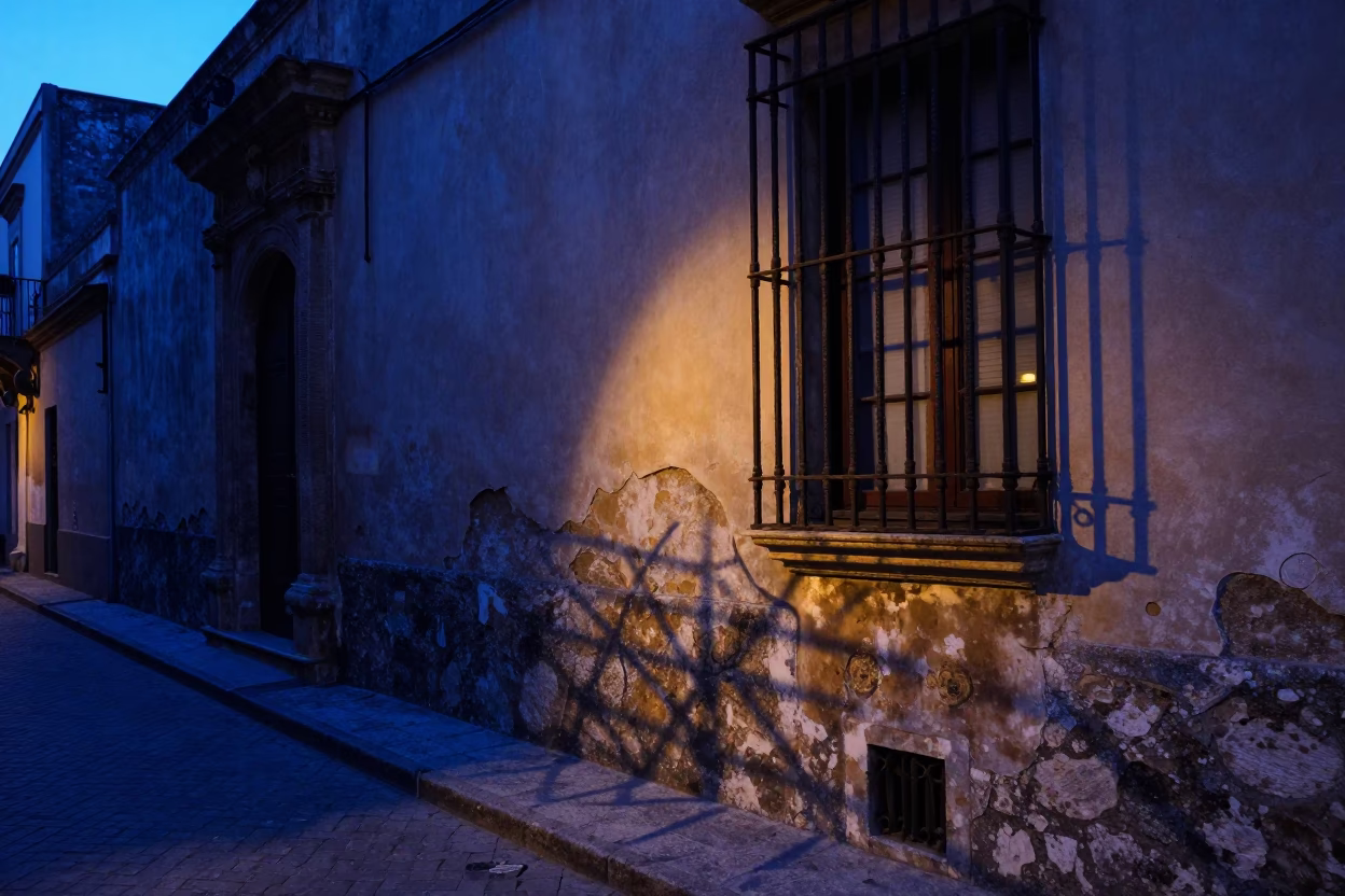 Blue Hour Street Scene in Palermo Italy with Wicker Shadow and Window Light in in Palermo, Italy