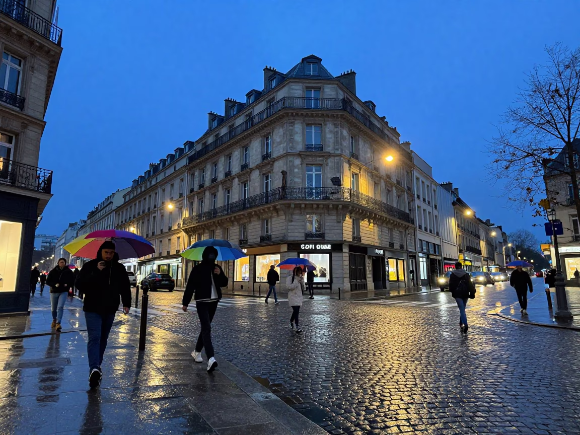 Blue Hour Street Scene in Paris France with Colorful Umbrellas and Cobblestones in in Paris, France